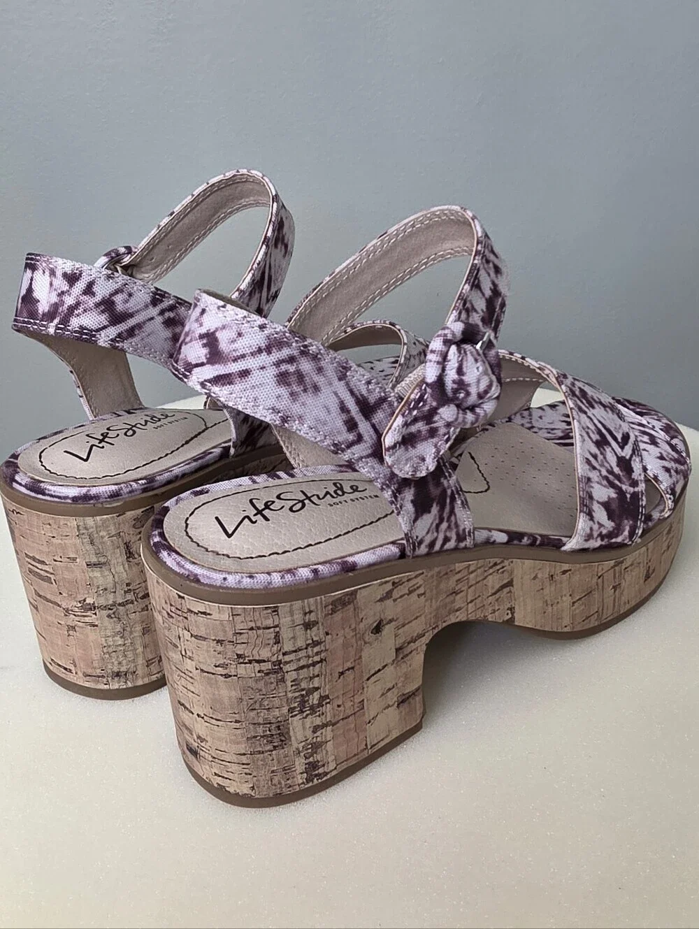 LifeStride Neutral Platform Sandals Cork Block Heel Purple Shibori 7.5M NEW!!
